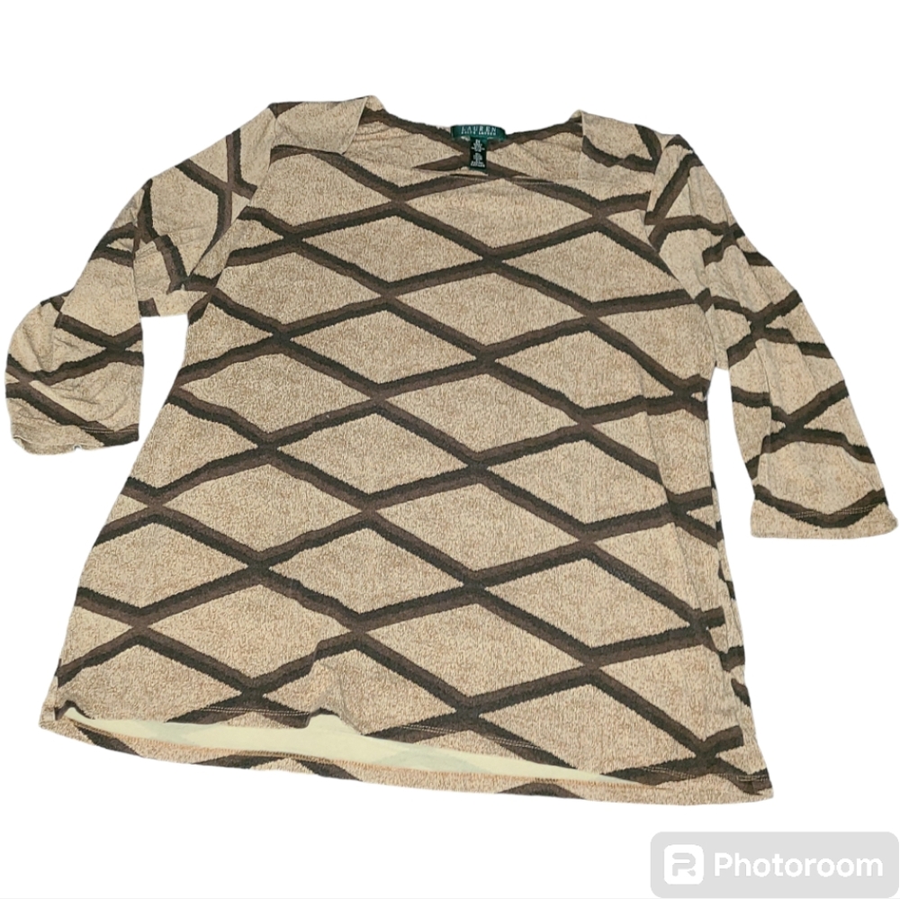 Lauren Ralph Lauren Tan and Brown Diamond-Print Knit Blouse